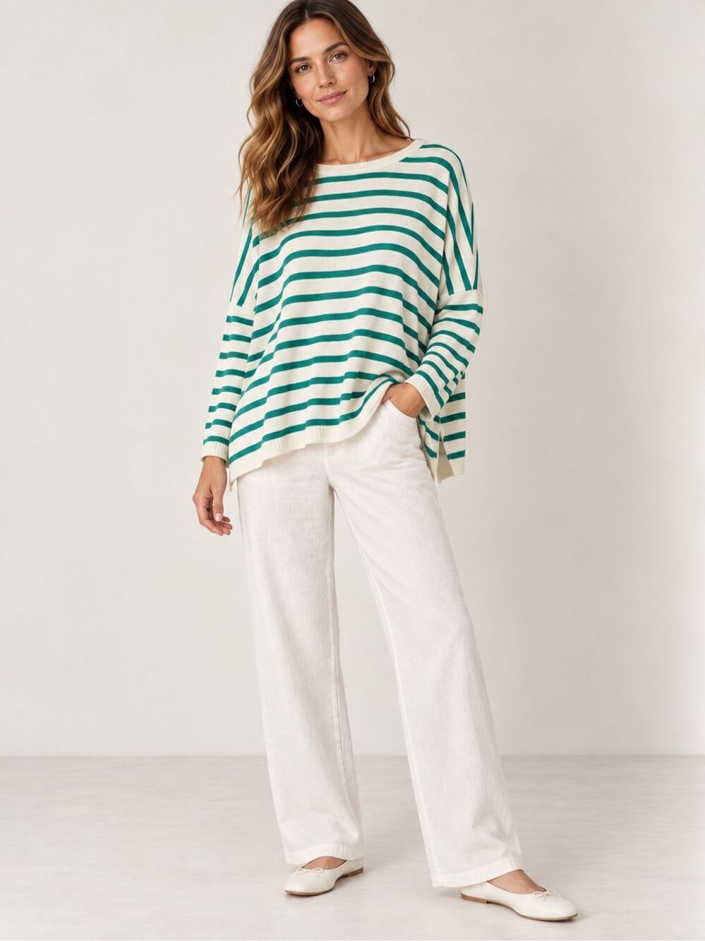 Mersea Striped Green and White Sweater One Size Boxy Flowy Long Sleeve